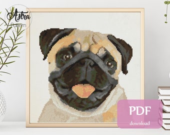 Pug cross stitch pattern Digital format - PDF, Dog Cross stitch pattern, Pet cross stitch pattern, Carlino cross stitch pattern #040