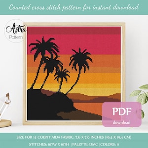 Tropical beach cross stitch pattern PDF, Sunset cross stitch pattern, Nature cross stitch pattern, Palms cross stitch #099