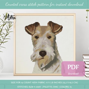 May include: Counted cross stitch pattern for a Wire Fox Terrier dog. The pattern is in a frame and has a PDF download button. The pattern is for 14 count Aida fabric and measures 6 x 7.8 inches (15.2 x 19.7 cm). It uses 15 colors and requires 84 stitches wide by 109 stitches high.
