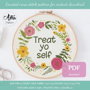 Treat yo self cross stitch pattern Digital format - PDF, Modern cross stitch pattern, Funny cross stitch pattern #211