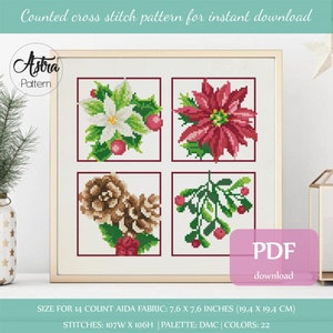 Christmas cards cross stitch pattern PDF, Christmas decoration cross stitch pattern, Winter Flower Cross Stich, Poinsettia cross stitch #034