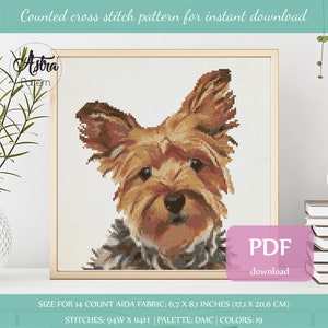 Yorkshire terrier cross stitch pattern Digital format - PDF, Yorkie portrait cross stitch pattern, Dog Cross stitch pattern #050
