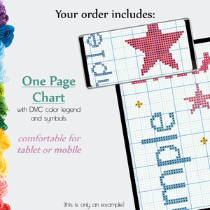 Op de afbeelding: Een digitaal kruissteekpatroon met een roze ster, blauwe letters en gele accenten. Het patroon wordt weergegeven op het scherm van een mobiele telefoon. De tekst op het scherm luidt "One Page Chart with DMC color legend and symbols comfortable for tablet or mobile (this is only an example)".