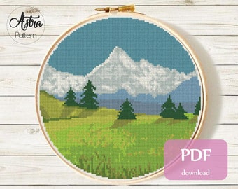 Mountain cross stitch pattern PDF, Meadow cross stitch pattern, Hoop art embroidery, Trees cross stitch pattern #110