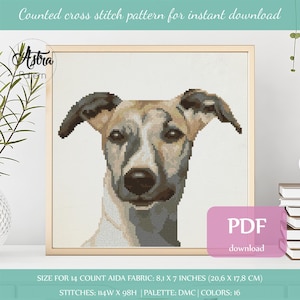 Whippet cross stitch pattern Digital format - PDF, Greyhound cross stitch pattern, Dog portrait cross stitch pattern #095