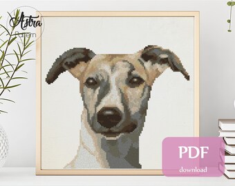 Whippet cross stitch pattern Digital format - PDF, Greyhound cross stitch pattern, Dog portrait cross stitch pattern #095