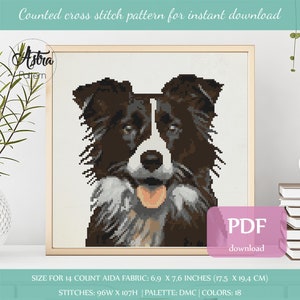 May include: Counted cross stitch pattern of a black and white border collie dog with a brown nose and tongue sticking out. The pattern is for 14 count Aida fabric and measures 6.9 x 7.6 inches (17.5 x 19.4 cm). The pattern uses 18 colors and is available for instant download as a PDF.