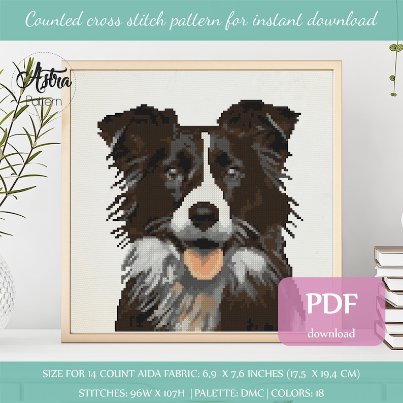 May include: Counted cross stitch pattern of a black and white border collie dog with a brown nose and tongue sticking out. The pattern is for 14 count Aida fabric and measures 6.9 x 7.6 inches (17.5 x 19.4 cm). The pattern uses 18 colors and is available for instant download as a PDF.