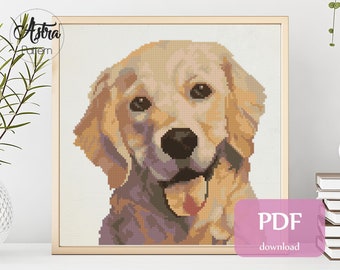 ゴールデンレトリバーのクロスステッチ図案、犬の肖像画刺繍デザイン