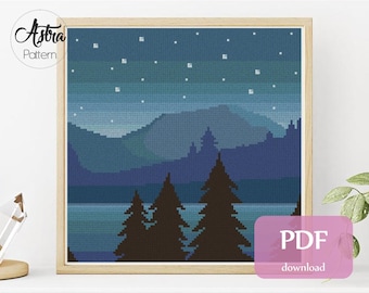Landscape cross stitch pattern PDF, Mountain cross stitch pattern, Night sky cross stitch pattern, Nature cross stitch pattern #057
