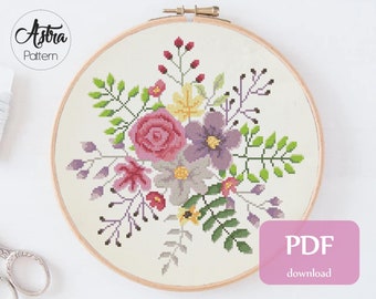 Flowers cross stitch pattern Digital format - PDF, Floral cross stitch pattern, Modern cross stitch, Nature cross stitch pattern #085