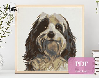 Tibetan Terrier cross stitch pattern Digital format - PDF, Black White Cute Dog cross stitch pattern, Dog portrait cross stitch pattern #031