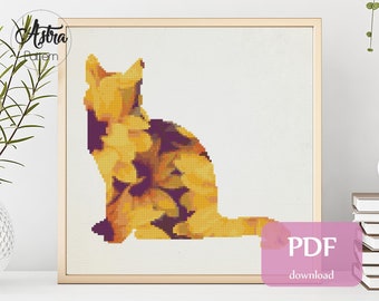 Sunflower Cat Cross stitch pattern Digital format - PDF, Modern Cross stitch pattern, Floral Animal Cross stitch pattern #007