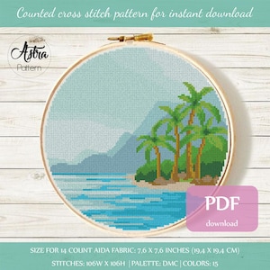 Tropical beach cross stitch pattern PDF, Laguna beach cross stitch pattern, Hoop art embroidery, Island cross stitch pattern #111