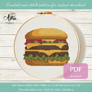 Cheeseburger Cross Stitch Pattern Digital format - PDF, Fast Food cross stitch, Hamburger cross stitch, Kitchen cross stitch #309