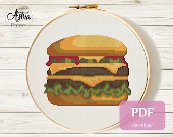 チーズバーガー クロスステッチ パターン デジタル形式 - PDF、ファーストフード クロスステッチ、ハンバーガー クロスステッチ、キッチン クロスステッチ #309