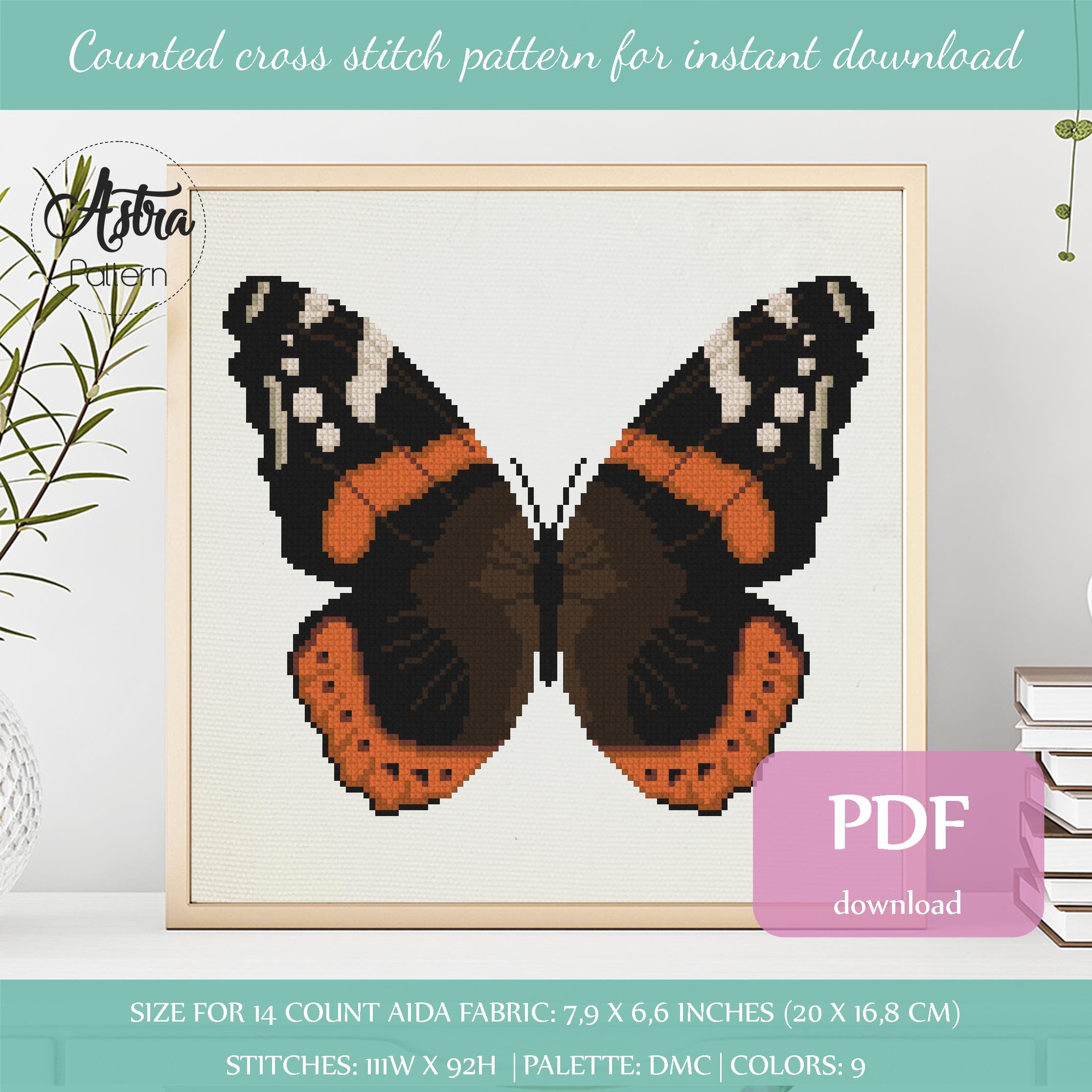Red admiral butterfly cross stitch pattern Digital format - PDF, Black orange butterfly cross stitch pattern, Nature cross stitch #092