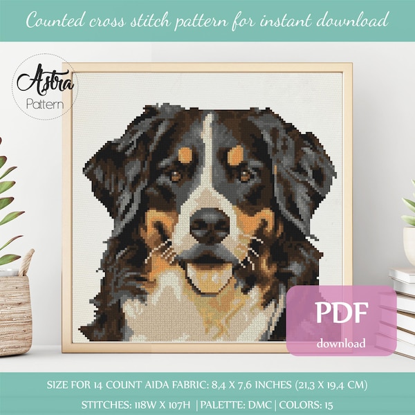 Bernese mountain dog cross stitch pattern Digital format - PDF, Berner Sennenhund cross stitch pattern, Dog cross stitch pattern #131