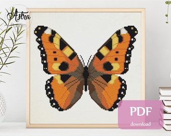 Small tortoiseshell cross stitch pattern Digital format - PDF, Orange butterfly cross stitch pattern, Bug cross stitch pattern #098