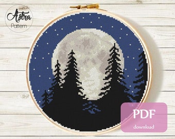 Full moon cross stitch pattern PDF, Forest cross stitch pattern, Starry sky cross stitch pattern, Night cross stitch pattern #112
