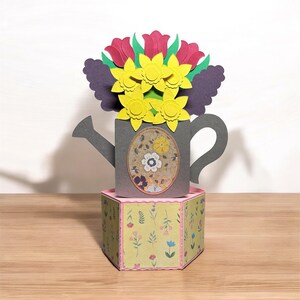 Carte de boîte de seau de fleurs 3D. Carte de voeux de bouquet. Cadeau pour anniversaire, fête des mères, Pâques, décoration printanière. Toutes les occasions. Floral. Pour elle