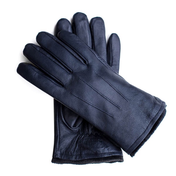 Gants Homme Classiques En Cuir Bleu Marine