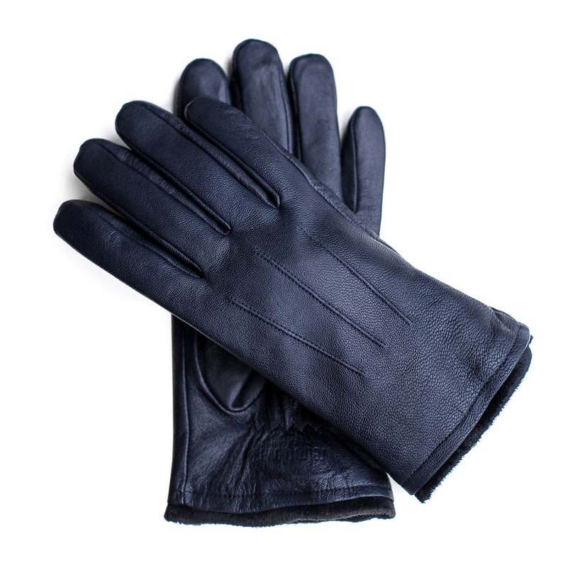 Men's Classic Leather Gloves Navy Blue Etsy