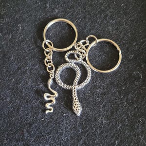 May include: Silver snake keyring with two key rings. The snake is coiled and has a detailed design. The keyring is a great accessory for anyone who loves snakes.