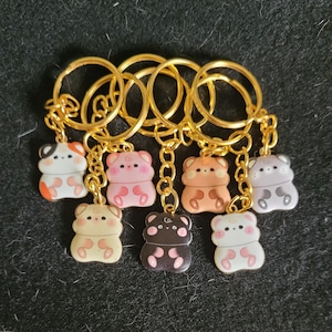 May include: Seven keyrings with bear-shaped charms in a variety of colours. Each charm is attached to a gold-coloured chain and keyring. The bears have different colour combinations, including pink, brown, and black.