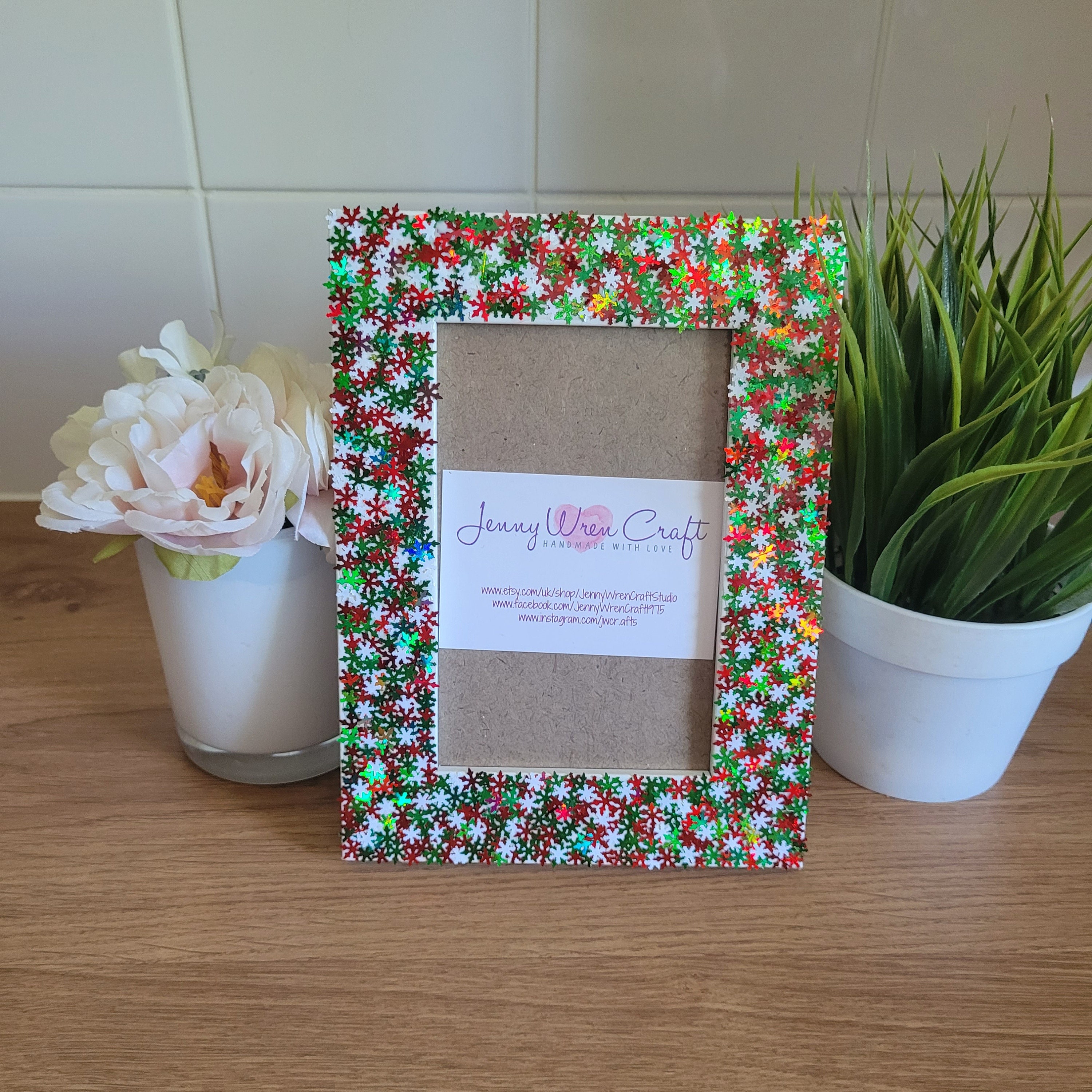 Red, White, and Green Snowflake Sequins Photo Frame 4 X 6