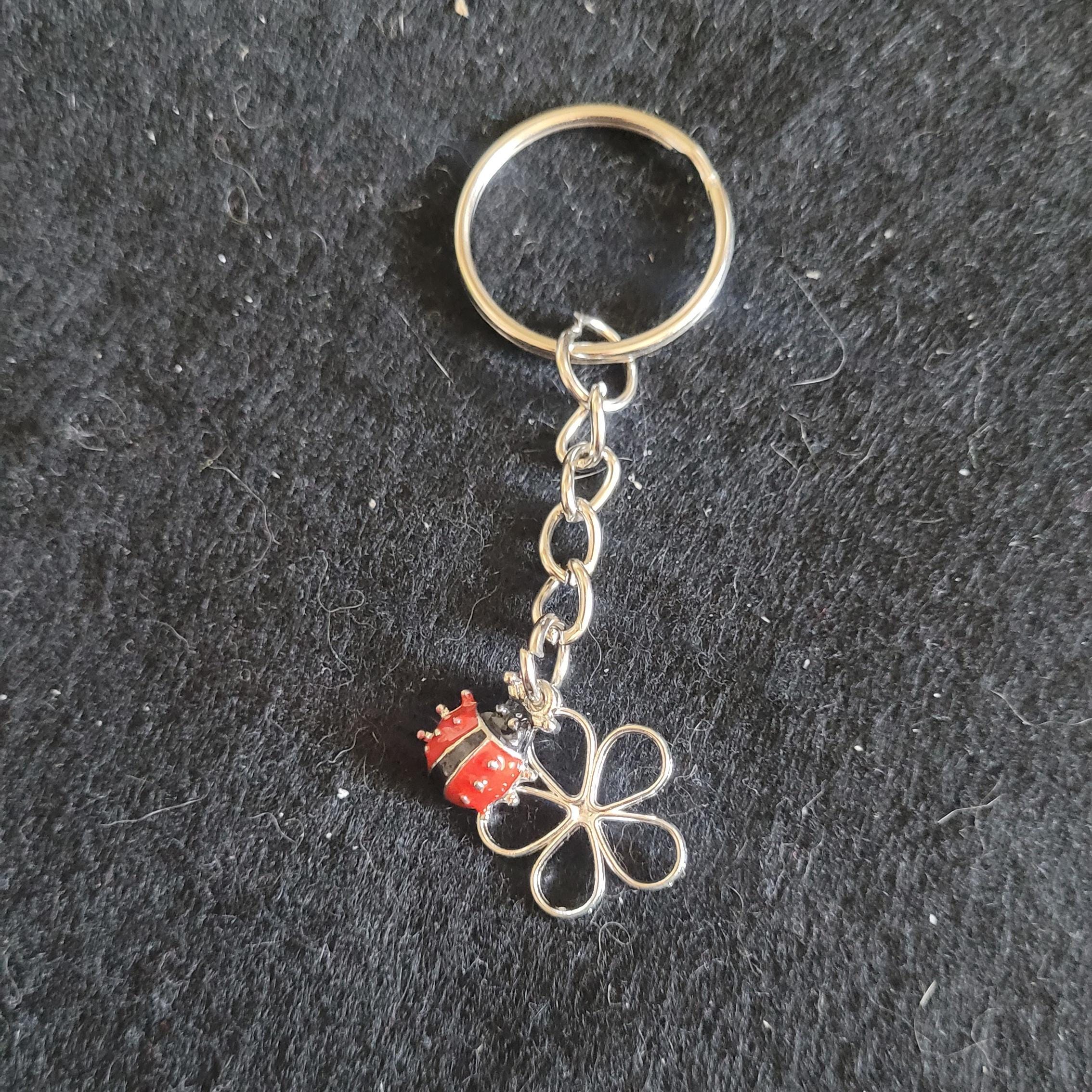 Silver Alloy Enamelled Ladybird/ladybug With Flower Key Ring/bag