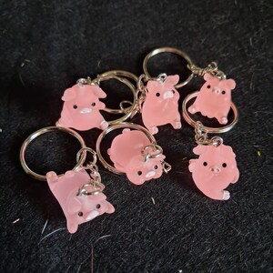 May include: Six pink pig keyrings with silver rings. The pig charms have a translucent look and are in different poses. The background is a dark, textured surface.