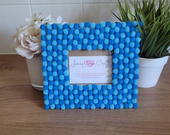 Wide Rectangular Blue Felt Ball Photo Frame 3 x 3.5 inches