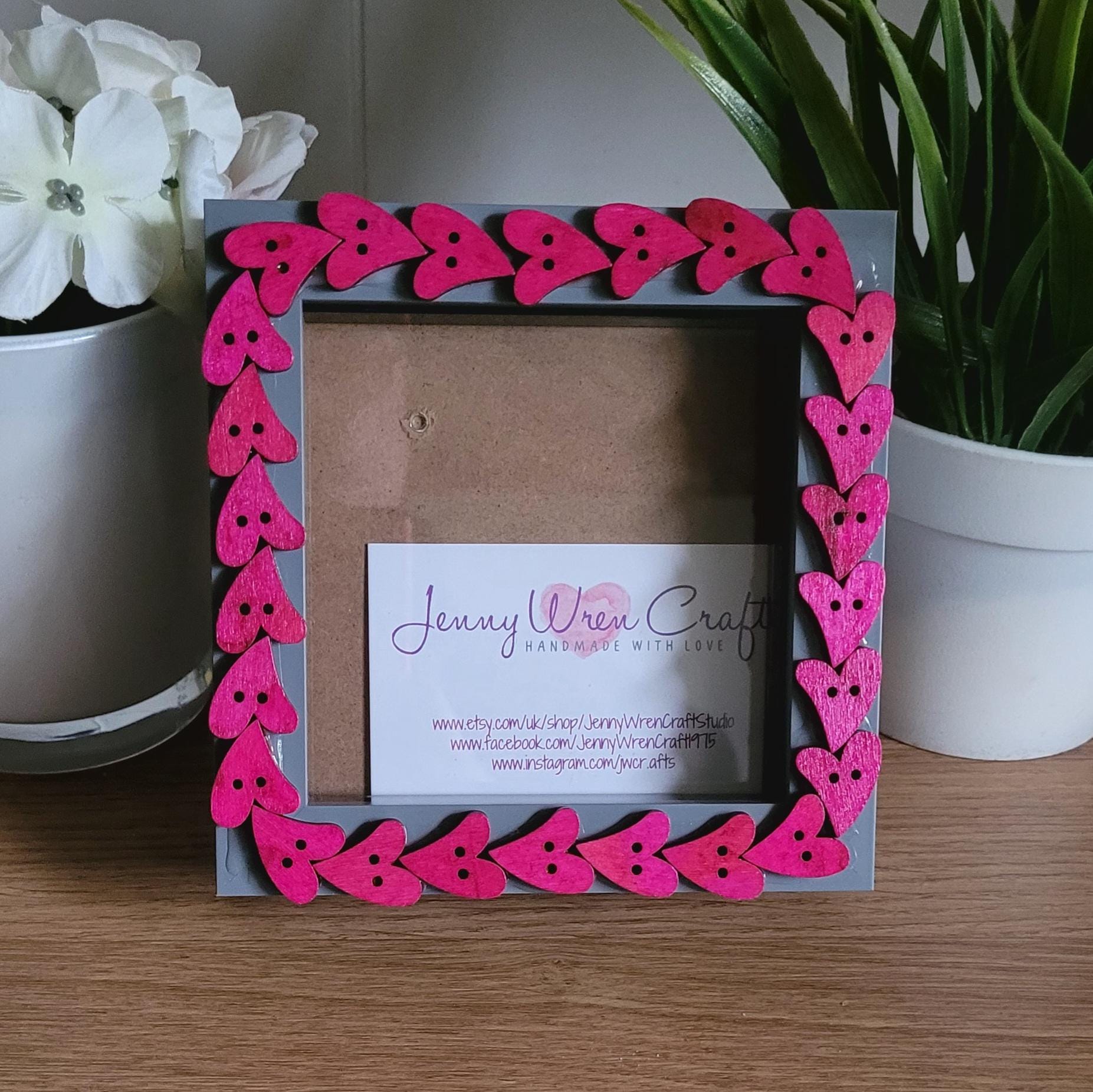 Hot Pink Wooden Heart Shaped Button Square Photo Frame 4 X 4