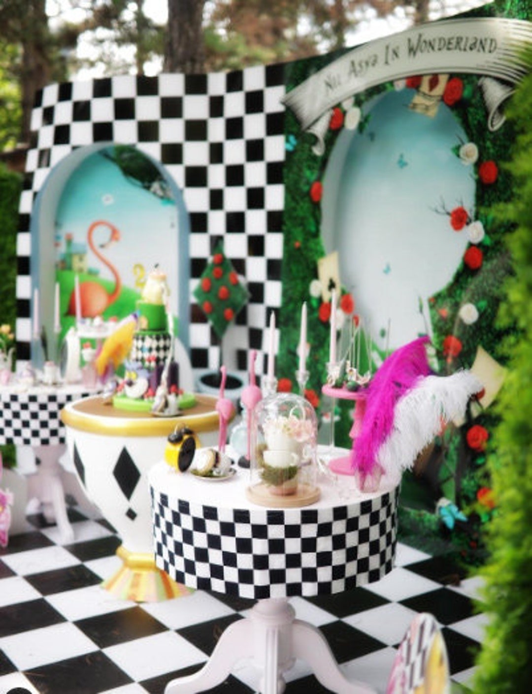 Alice in Wonderland Backdrop, Birthday Party Set, Personalized, Vinyl