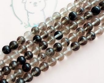 Natural Black Rutilated Quartz Smooth Round Beads,4mm 6mm 8mm 10mm 12mm Black Rutilated Quartz Beads, 15 inch per strand, Jewelry Wholesale