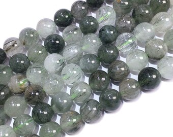 Natural Green Rutilated Crystals Quartz Round  Beads, 6-10mm Green Rutilated Quartz Beads, 15 inch per strand, wholesale beads