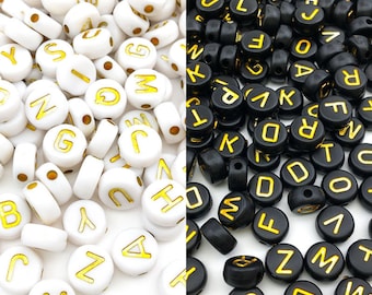 7mm Alphabet Letter Beads,Black White Gold ABC Beads,Acrylic Flat Round Beads,Name Beads,Word Beads,Spacer Beads,Jewelry Making Beads 100pcs