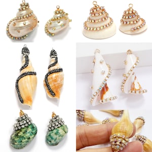 5PCS Natural Diamante Conch Shell Pendants, 25-60mm Sea Shells Charms with Plated Gold,  DIY Seashell Charms Jewelry Pendant