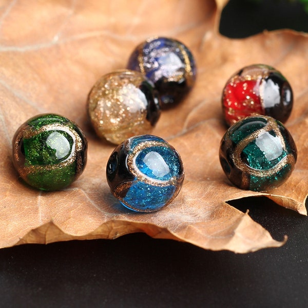 10pcs perles de verre feuille d'or, perles de verre de sable d'or coloré, perles de verre de Murano, perles au chalumeau, perles d'espacement de boule, fournitures de bijoux de bricolage
