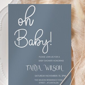 Blue Baby Shower Invitation Template, Oh Baby Minimalist Baby Shower Invite,Baby Shower, Editable Invitation
