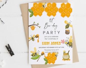 Bee 1st Birthday Invitation, Bumble Bee Party (Digital)