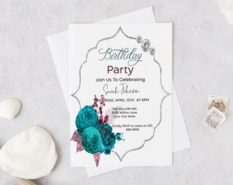 Modern Diamond Floral: Minimalist Birthday Invitation, Teal Green Printable Template with Editable Text and Instant Download