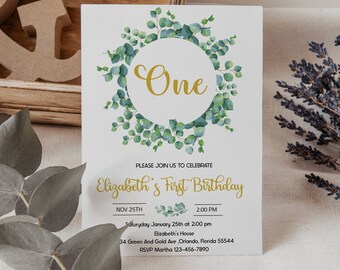 Greenery First Birthday Invitation, Gold Wreath, Eucalyptus (Digital Download Template)
