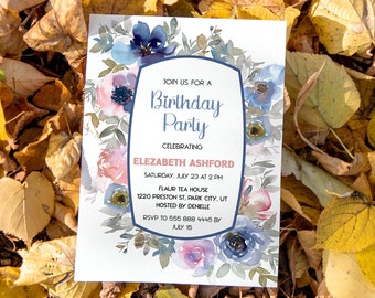 Navy Blush Floral Any Age Birthday Invite, INSTANT DOWNLOAD,  Printable Any Age Birthday Party Invitation, Editable Invitation Template.