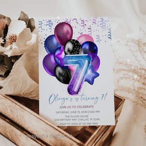 7th Invitation Purple and Aqua , EDITABLE 7th Birthday Invitation, Seven Birthday Party, Seventh Birthday Invite, Balloons Invitation