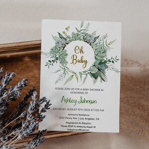Greenery Baby Shower Invitation Template Printable Baby Shower Invite Gender Neutral Green and Gold Baby Shower Editable Boho Floral Oh Baby