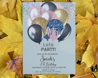 21st Birthday Invitation, Glitter Balloons, Editable Invite (Digital Download)