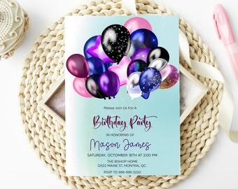 Purple Birthday Balloon Any Age Invitation Editable Printable Purple Glitter Invite Instant Download Editable Template