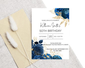 Blue and Gold Floral Invites, 50th Adult Birthday, , Printable, Editable Template ,Birthday Invitation